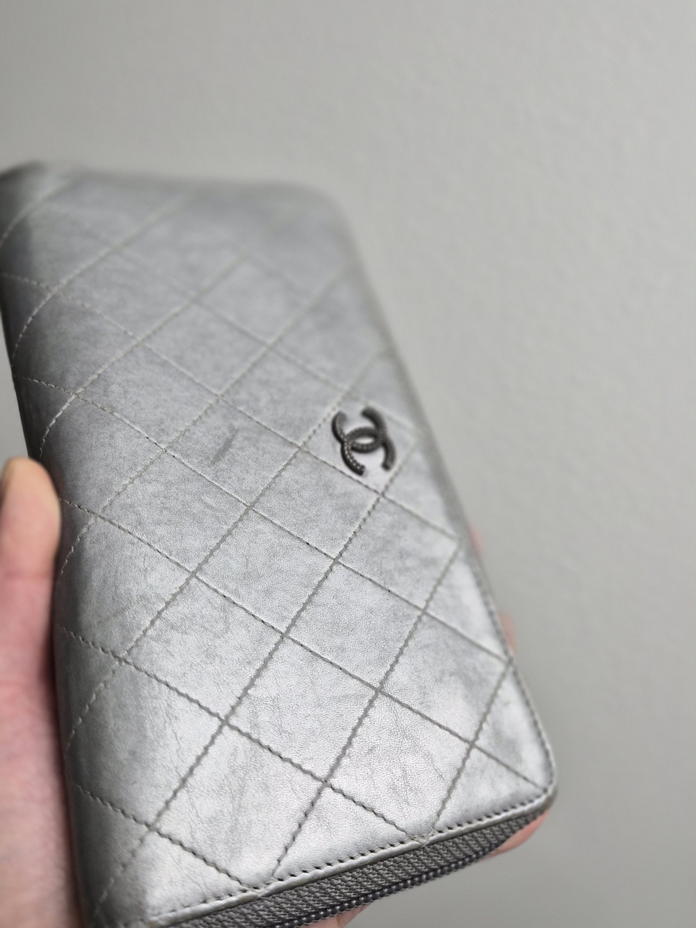 Authentic CHANEL Metallic Silver Quilted Zip Around Wallet
